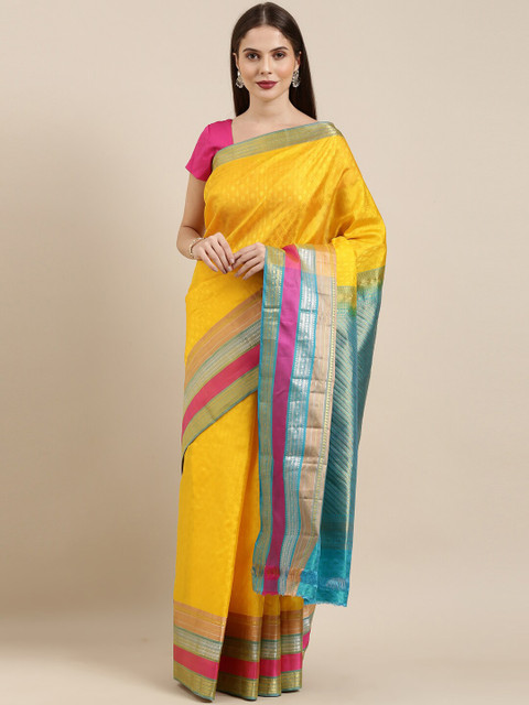 

The Chennai Silks Yellow & Blue Ethnic Motifs Zari Pure Silk Dharmavaram Saree