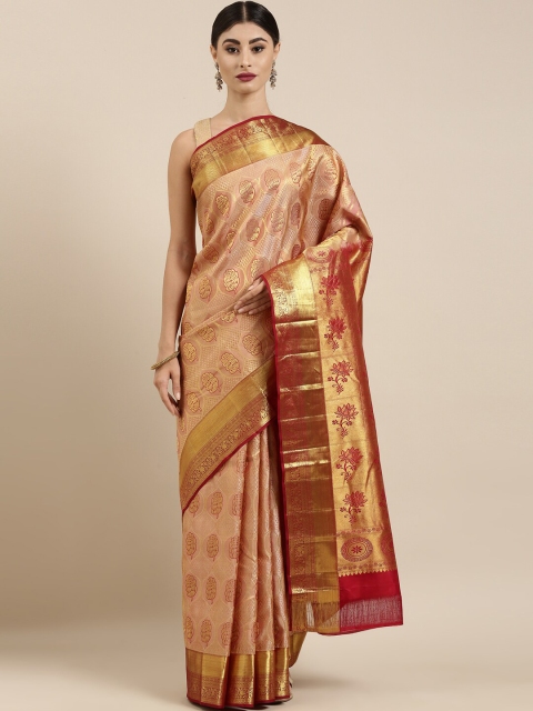 

The Chennai Silks Gold-Toned & Maroon Floral Zari Brocade Handloom Kanjeevaram Saree
