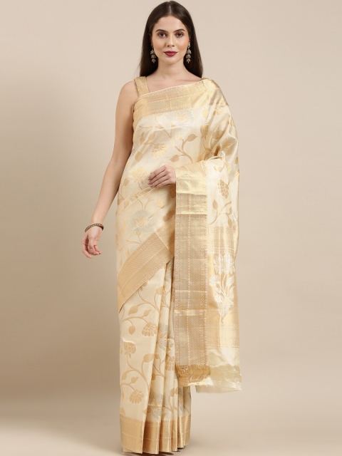 

The Chennai Silks Cream-Coloured Floral Zari Pure Silk Kanjeevaram Saree