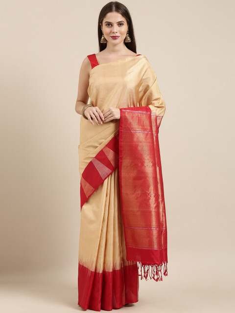 

The Chennai Silks Beige & Red Woven Design Zari Border Pure Silk Kanjeevaram Saree