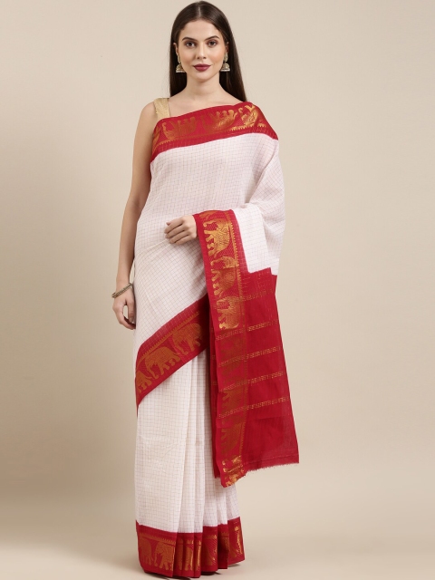 

The Chennai Silks Off White & Red Checked Zari Pure Cotton Fusion Sungudi Saree
