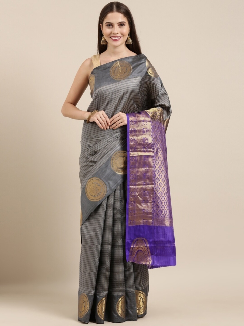 

The Chennai Silks Grey & Blue Striped Woven Design Pure Silk Kanjeevaram Saree