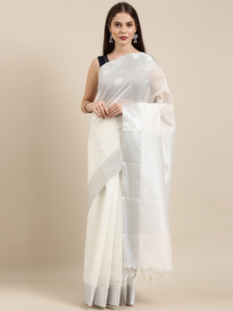 

The Chennai Silks Off White & Silver-Toned Ethnic Motifs Fusion Maheshwari Saree