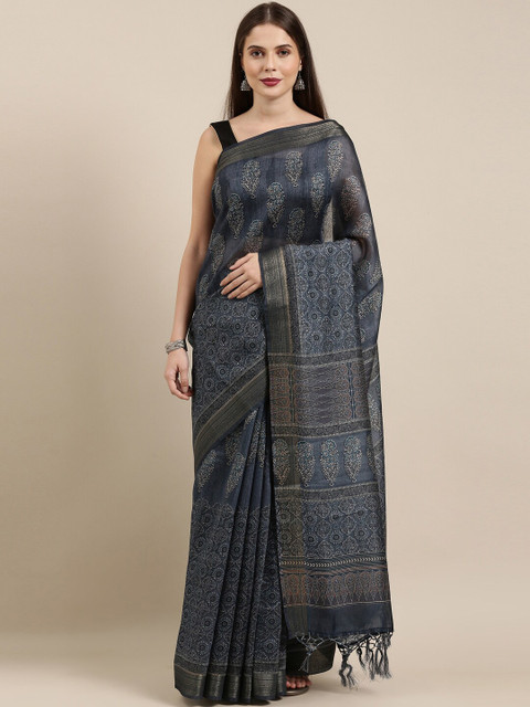

The Chennai Silks Grey Ethnic Motifs Printed Chanderi Saree