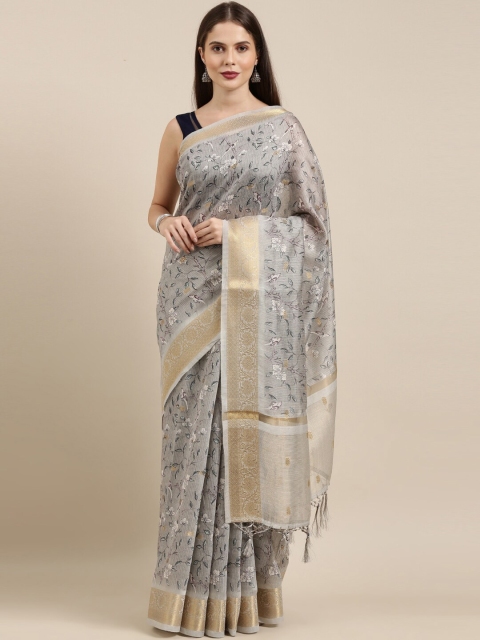 

The Chennai Silks Grey & Gold-Coloured Floral Printed Chanderi Saree
