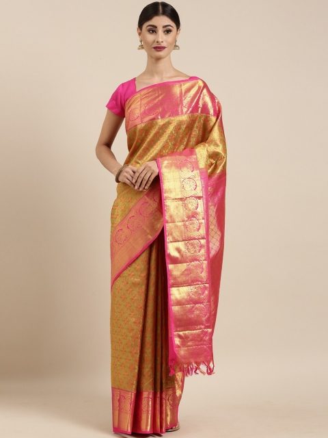 

The Chennai Silks Orange & Green Floral Zari Brocade Handloom Kanjeevaram Saree