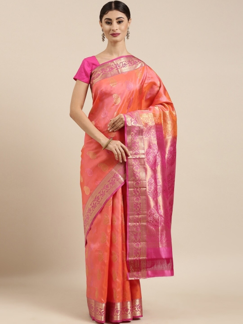 

The Chennai Silks Peach-Coloured & Pink Paisley Pure Silk Handloom Dharmavaram Saree