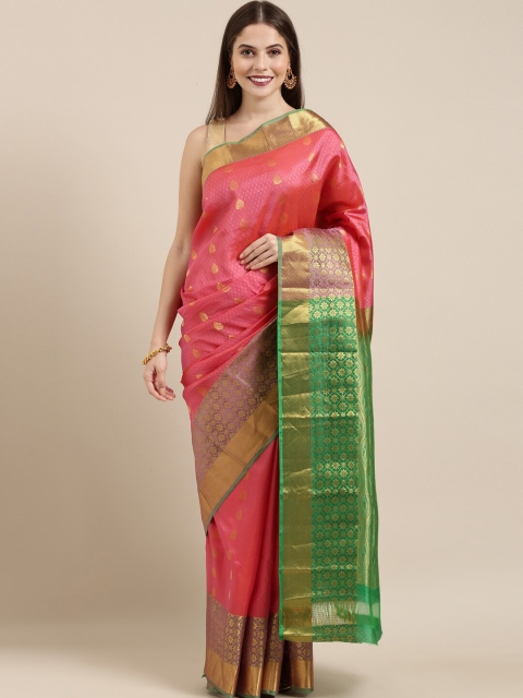 

The Chennai Silks Pink & Green Woven Design Pure Silk Fusion Dharmavaram Saree