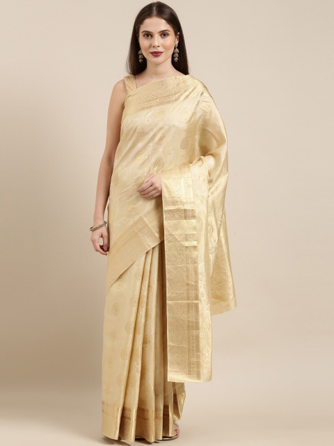 

The Chennai Silks Cream-Coloured & Gold-Coloured Paisley Zari Pure Silk Kanjeevaram Saree