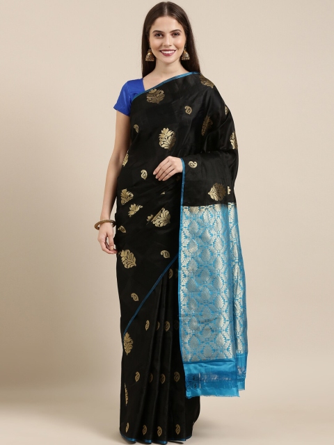 

The Chennai Silks Black & Gold-Toned Floral Zari Pure Silk Handloom Kanjeevaram Saree