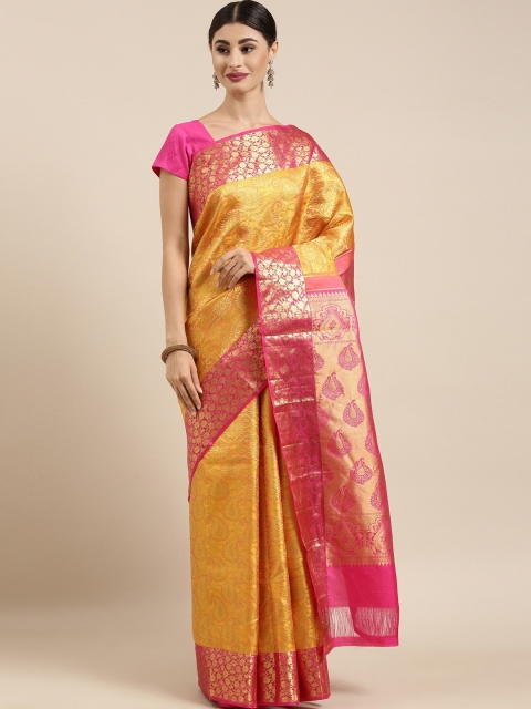 

The Chennai Silks Yellow & Pink Paisley Zari Woven Design Brocade Kanjeevaram Saree