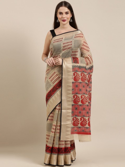 

The Chennai Silks Beige & Red Zari Pure Cotton Fusion Saree