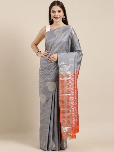 

The Chennai Silks Grey & Red Striped Pure Silk Handloom Kanjeevaram Saree