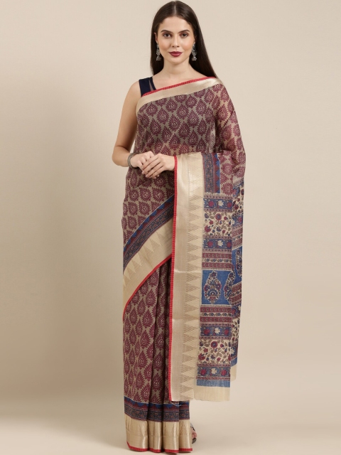 

The Chennai Silks Beige & Blue Ethnic Motifs Zari Pure Cotton Fusion Saree