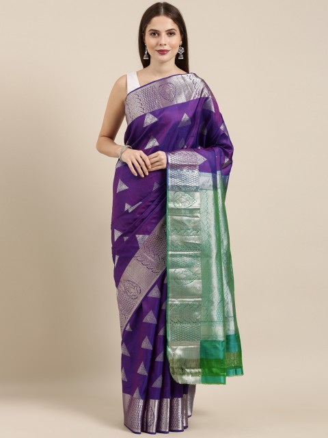 

The Chennai Silks Violet & Silver-Toned Zari Pure Silk Kanjeevaram Saree