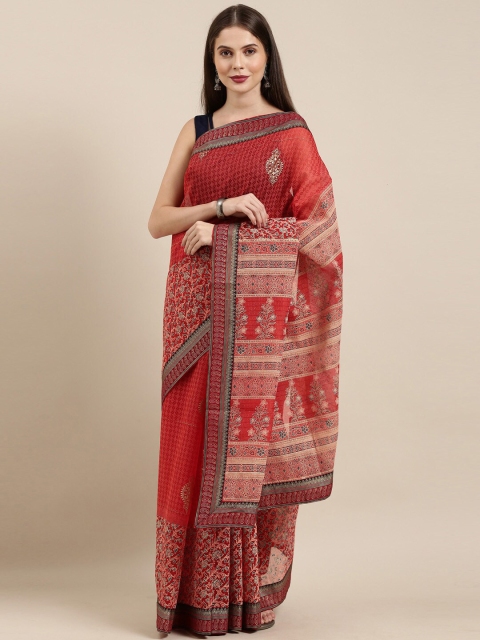 

The Chennai Silks Red & Beige Floral Pure Cotton Fusion Saree