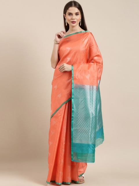 

The Chennai Silks Peach-Coloured & Sea Green Pure Silk Handloom Kanjeevaram Saree