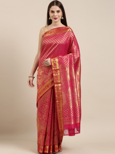 

The Chennai Silks Pink & Gold-Toned Woven Design Zari Brocade Kanjeevaram Saree