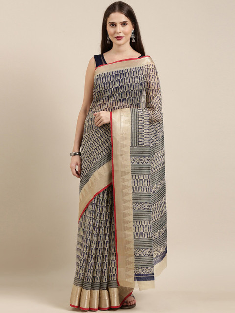 

The Chennai Silks Navy Blue & Maroon Printed Pure Cotton Fusion Saree