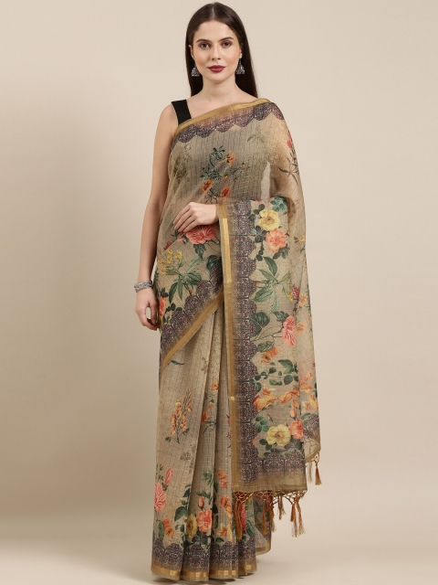 

The Chennai Silks Beige Floral Printed Chanderi Saree