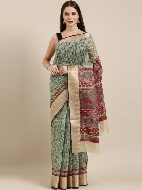 

The Chennai Silks Green & Red Printed Pure Cotton Fusion Saree