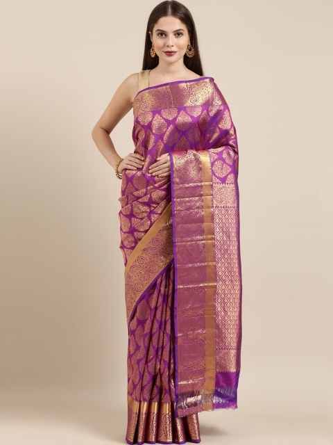 

The Chennai Silks Violet & Gold-Toned Ethnic Motifs Zari Brocade Dharmavaram Saree