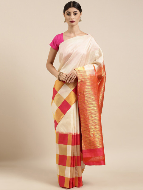 

The Chennai Silks Cream-Coloured & Red Woven Design Pure Silk Kanjeevaram Saree