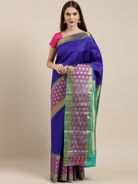 

The Chennai Silks Blue & Pink Ethnic Motifs Woven Design Pure Silk Dharmavaram Saree