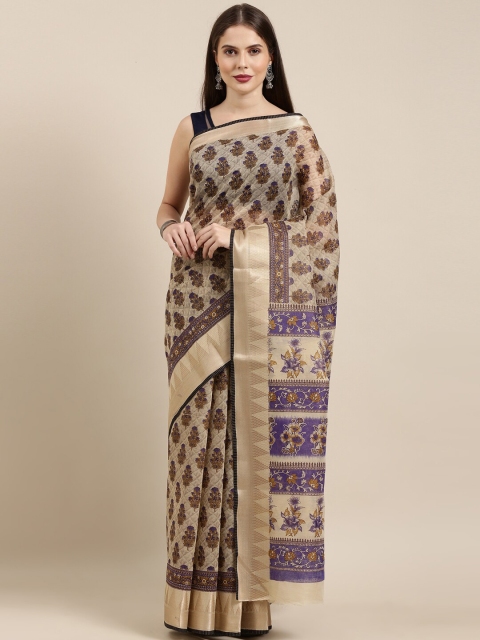 

The Chennai Silks Beige & Blue Floral Printed Pure Cotton Fusion Saree