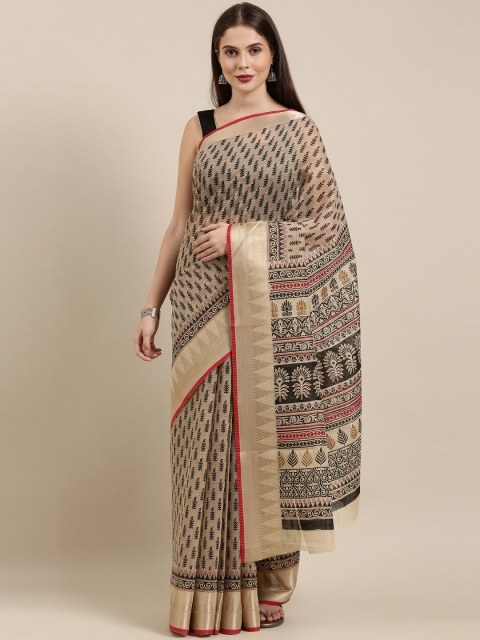 

The Chennai Silks Beige & Black Floral Pure Cotton Fusion Saree