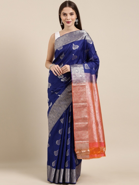 

The Chennai Silks Navy Blue & Silver-Toned Floral Zari Pure Silk Kanjeevaram Saree