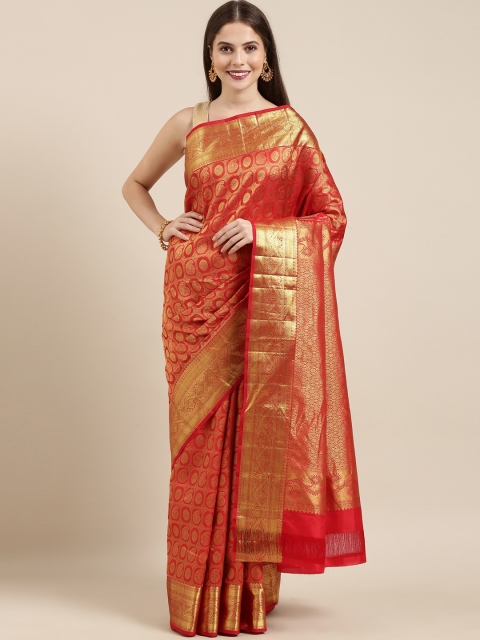 

The Chennai Silks Red & Gold-Toned Paisley Zari Brocade Kanjeevaram Saree