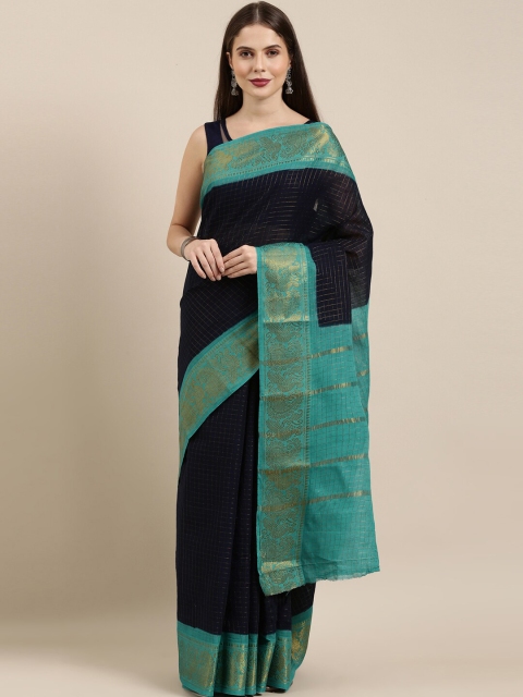 

The Chennai Silks Navy Blue & Gold-Toned Checked Pure Cotton Fusion Sungudi Saree