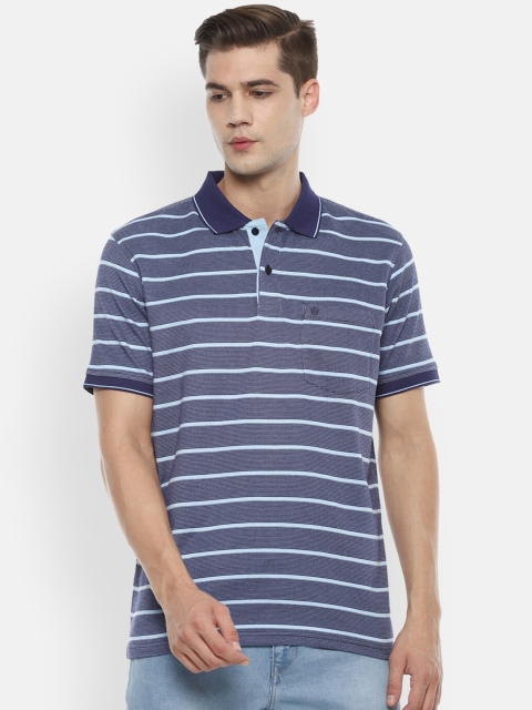 

Louis Philippe Men Blue Striped Polo Collar Pure Cotton T-shirt