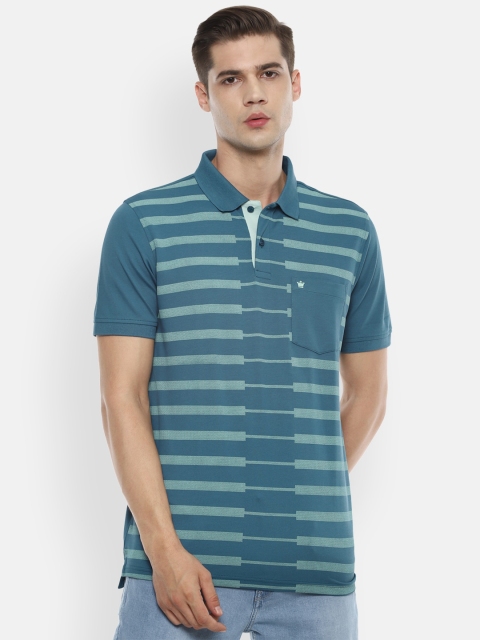 

Louis Philippe Men Blue & Sea Green Striped Polo Collar T-shirt