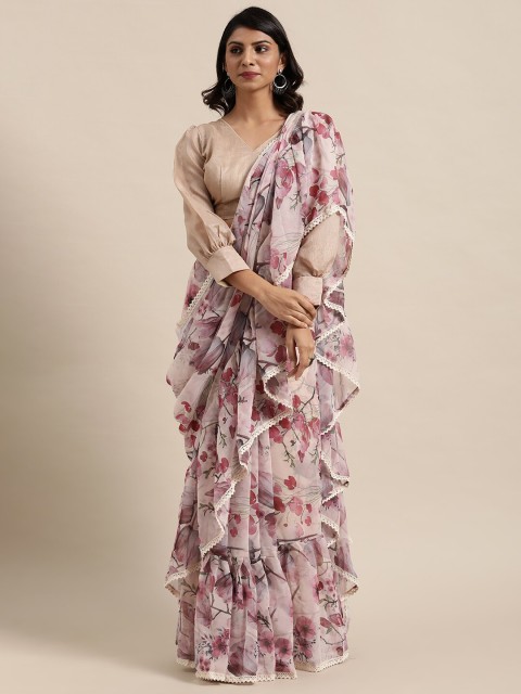 

Kalista Beige & Pink Floral Printed Ruffled Saree