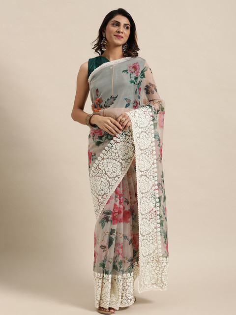 

Kalista Off White & Green Floral Printed & Heavy Embroidered Border Organza Saree