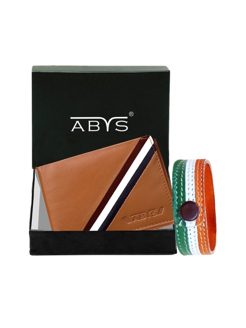 

ABYS Mens Tan Leather Wallet and Wrist Bands Combo Gift Set