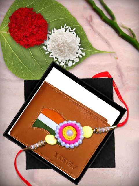 

ABYS Mens Tan Leather Wallet and Rakhi Set