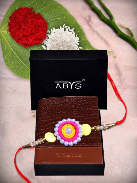 

ABYS Mens Leather Wallet and Rakhi Combo Gift Set, Brown