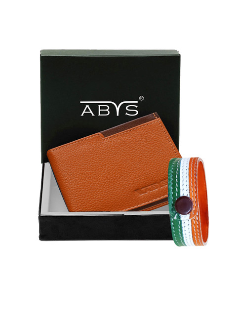 

ABYS Mens Wrist Bands Leather Wallet and Wrist Bands Combo Gift Set, Tan