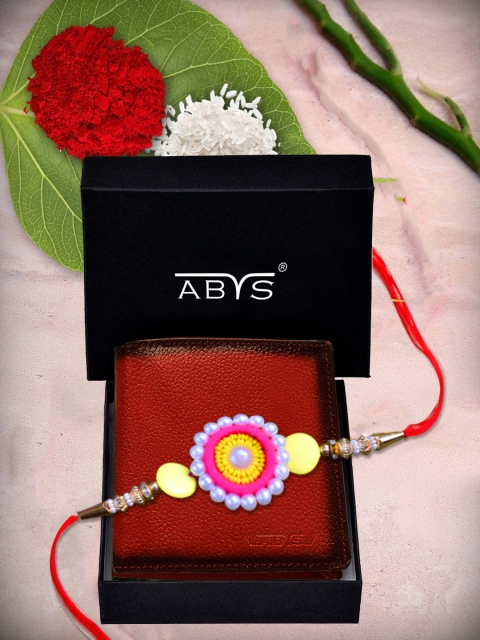 

ABYS Mens Red Leather Wallet and Rakhi Combo Gift Set