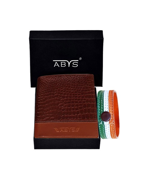 

ABYS Mens Leather Wallet and Wrist Bands Combo Gift Set, Brown
