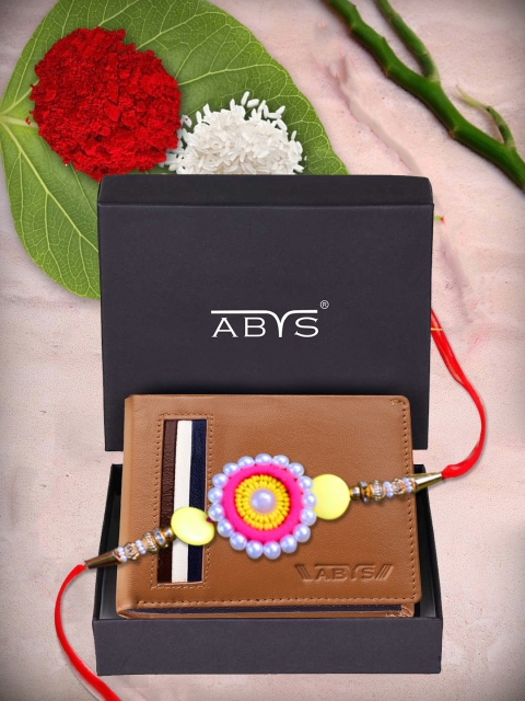 

ABYS Mens Tan Leather Wallet and Rakhi Combo Gift Set