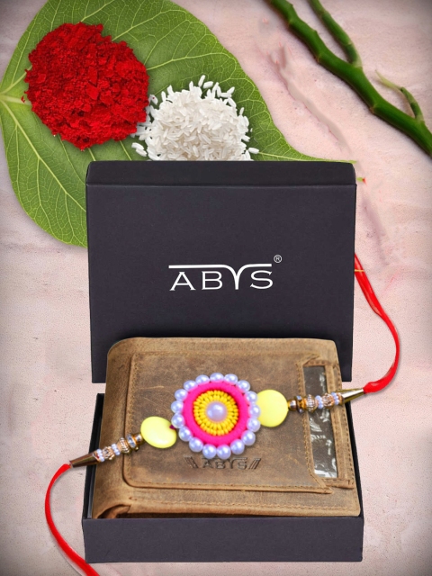 

ABYS Mens Brown Leather Wallet and Rakhi Combo Gift Set