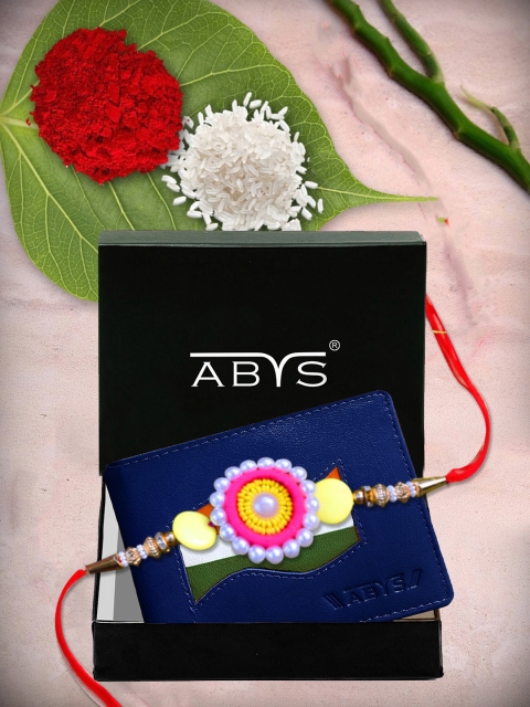 

ABYS Mens Blue Leather Wallet and Rakhi Combo Gift Set for Brother