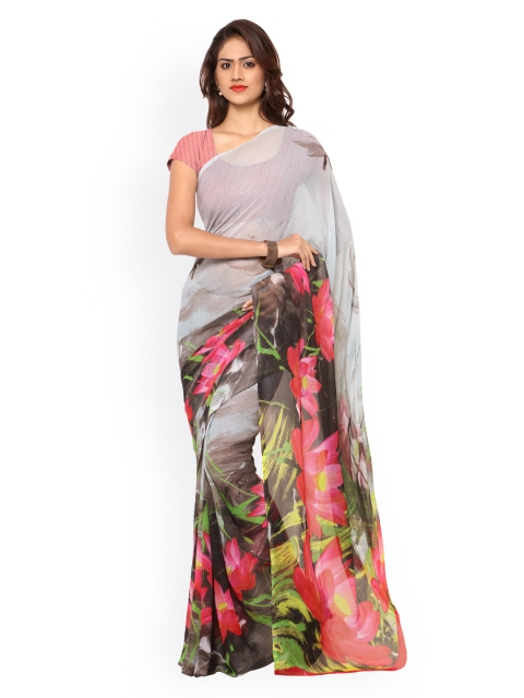 

Ligalz Grey & Pink Floral Print Georgette Saree