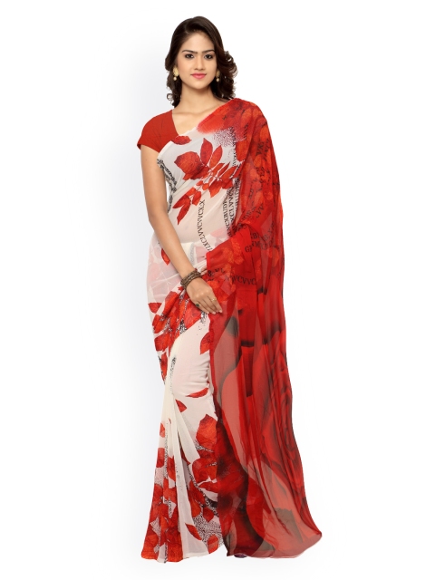 

Ligalz White & Red Floral Print Georgette Saree