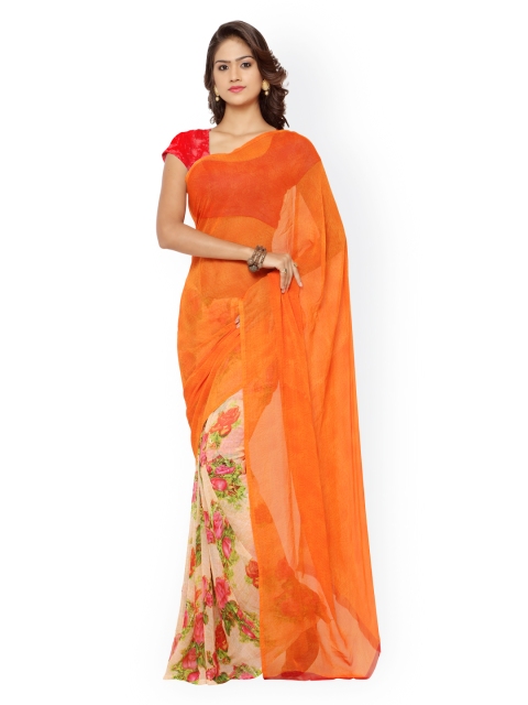 

Ligalz Orange & Beige Georgette Floral Print Saree