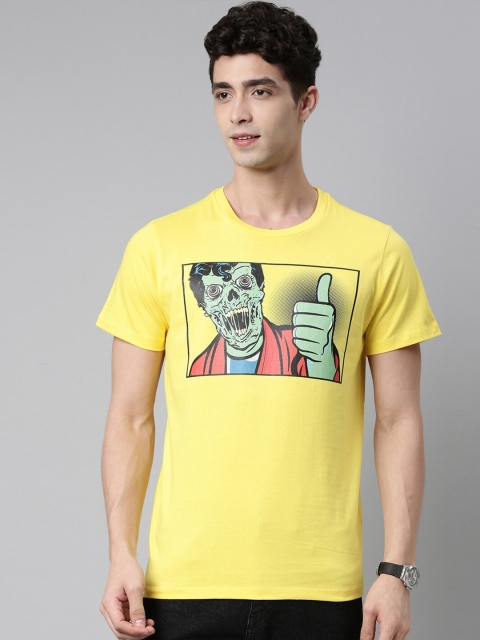 

QUANCIOUS Men Yellow & Sea Green Graphic Printed Organic Cotton Sustainable T-shirt